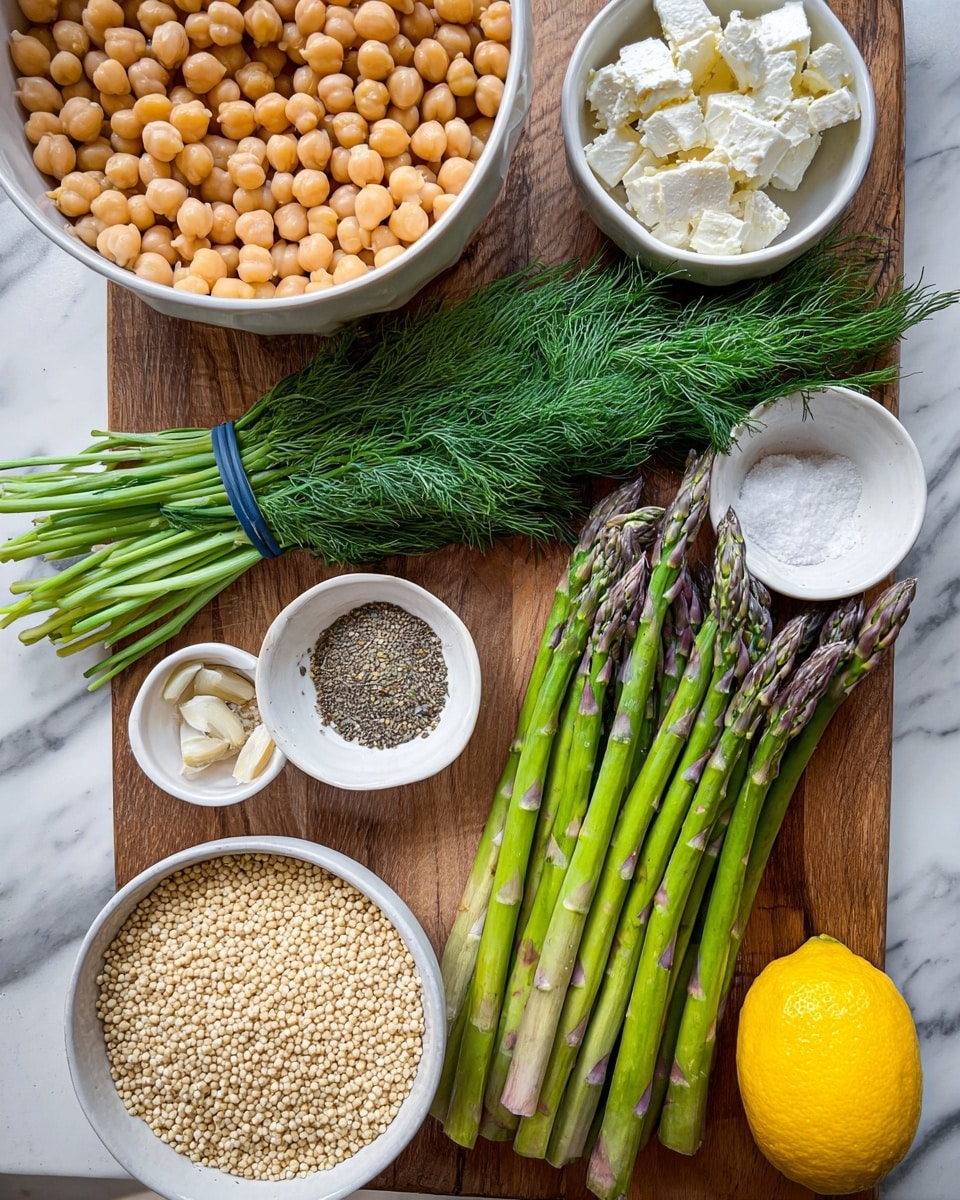 This image shows fresh ingredients laid out on a white marbled surface, with a wooden board underneath. There are two bundles of green asparagus spears with purple tips placed near the center. Above the asparagus, fresh green dill sprigs spread out, and next to the asparagus is a bunch of green onions held by a blue rubber band. In the upper left, a large white bowl is filled with chickpeas. Below that, a wide shallow white bowl contains small, round quinoa. Two small white bowls hold condiments, one with minced garlic and the other with salt and pepper. A bunch of soft white cheese sits in a white bowl at the top right. A whole yellow lemon is placed at the bottom right corner. photo taken with an iphone --ar 4:5 --v 7