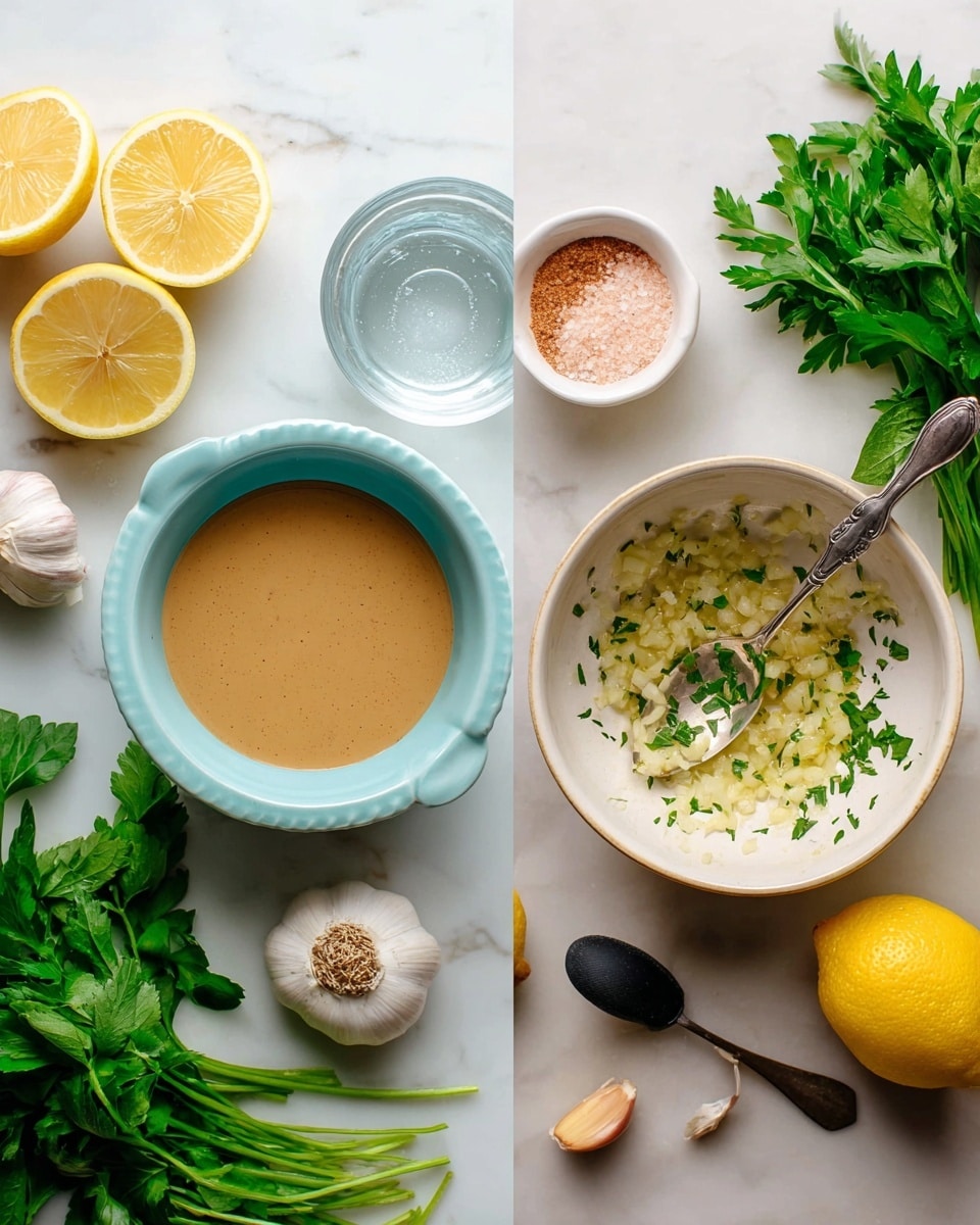 The left side shows a light blue bowl filled with a smooth, tan sauce placed on a white marbled surface. Surrounding the bowl are fresh green herbs with varied leaf shapes, two lemon halves showing bright yellow flesh, a whole lemon, cloves of garlic, a small white dish holding ground spice, a small white bowl of pinkish salt with a black spoon inside, and a clear glass of water. On the right side, there is a shallow white bowl filled with a light yellow chunky mixture with visible small pieces of garlic and lemon juice, with a silver spoon resting inside. Around the bowl are garlic cloves, a squeezed lemon half, a whole lemon, and fresh green herbs, all set on the same white marbled surface. Photo taken with an iphone --ar 4:5 --v 7
