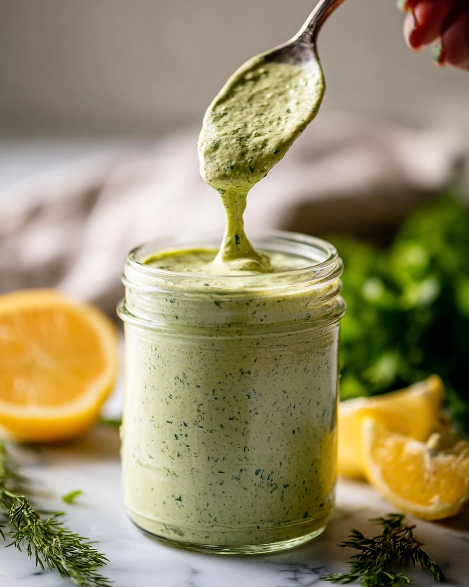 A close-up of a clear glass jar filled with a creamy light green sauce speckled with darker green herbs. A spoon held by a woman's hand is lifting the thick sauce from the jar, showing its smooth and slightly textured surface as it drips back down. In the background, there are lemon wedges and fresh green herbs, all set on a white marbled surface. The lighting is soft and natural, highlighting the fresh and rich texture of the sauce. photo taken with an iphone --ar 4:5 --v 7