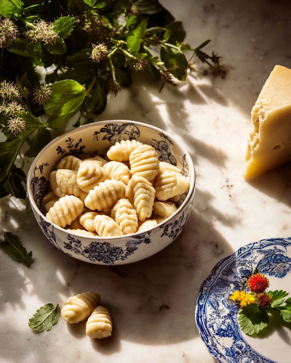 A white bowl with blue floral patterns sits filled with small, creamy beige gnocchi that have deep grooves, some spilling onto a white marbled surface. To the left of the bowl, there are green leaves and small flowers with yellow and red petals resting gently beside it. On the right edge of the image, a white plate with intricate blue designs holds a wedge of yellow cheese topped with a green leaf. The lighting casts soft shadows, highlighting the textures of the gnocchi and the natural colors of the foliage and cheese. Photo taken with an iphone --ar 4:5 --v 7