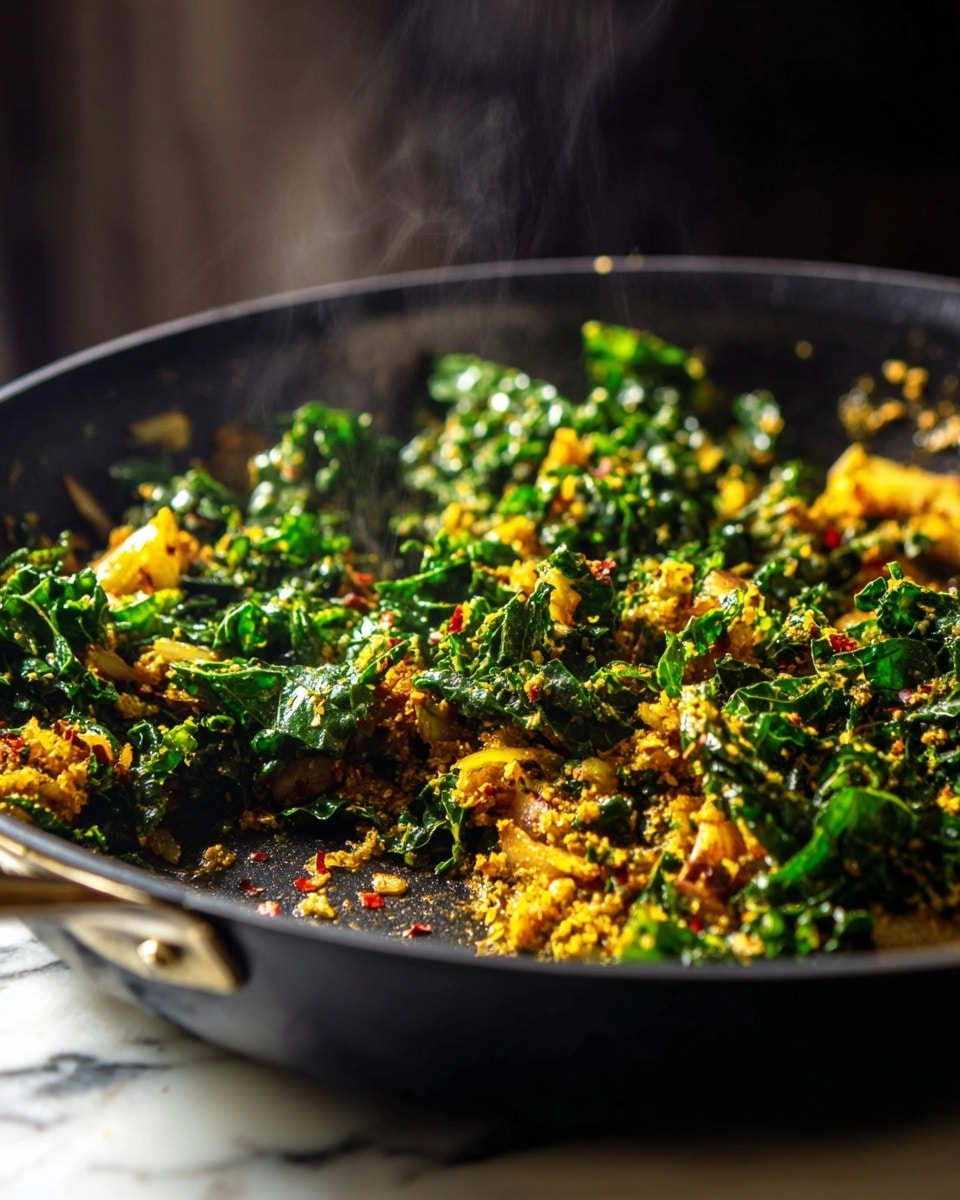 A close-up of a black pan filled with a mix of cooked chopped green kale and golden-yellow spiced mixture. The kale leaves are bright and wilted, scattered throughout the thick, textured golden mix that has small bits of red chili flakes visible. There is steam rising from the pan, showing the dish is hot. The black pan sits on a white marbled surface, and the background is softly dark and blurred. photo taken with an iphone --ar 4:5 --v 7