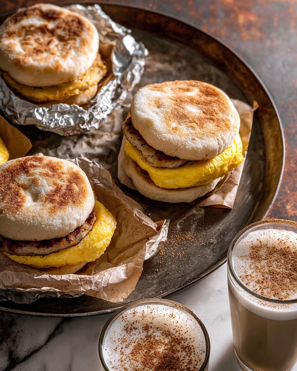 The image shows four breakfast sandwiches on a round, dark metal tray with a white marbled surface underneath. Each sandwich is wrapped partly in silver foil and brown paper and has three visible layers: a toasted golden English muffin on top and bottom, a thick yellow egg patty in the middle, and a browned grilled chicken filet below the egg. Two clear glass cups with a creamy white drink topped with a sprinkle of brown spice are placed on the white marbled surface near the tray. The setting looks warm and rustic. Photo taken with an iphone --ar 4:5 --v 7