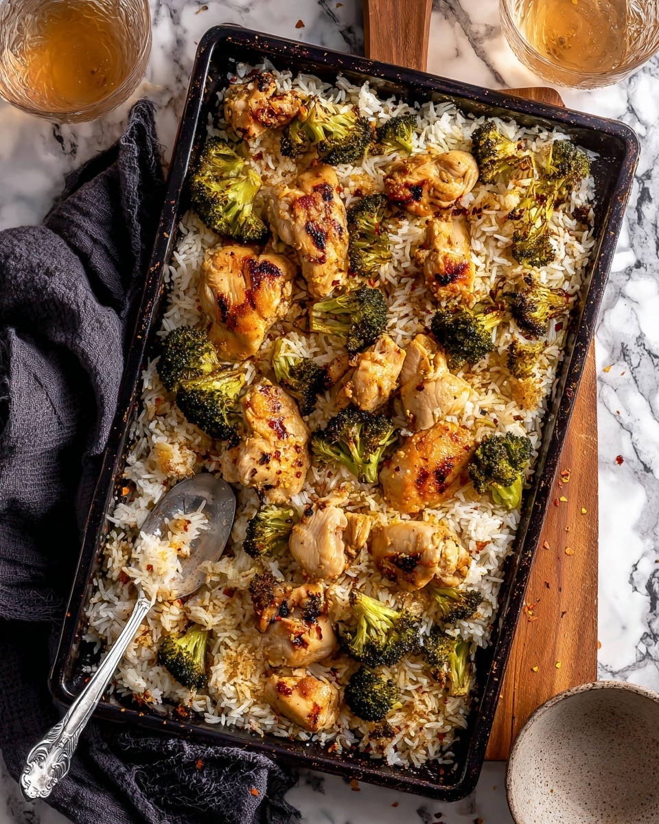 The image shows a black baking tray filled with a single layer of cooked white rice as the base, topped with pieces of golden-brown grilled chicken randomly placed across the tray. Mixed among the chicken pieces are small clusters of roasted broccoli, browned at the edges. A metal serving spoon is scooping rice on the bottom left corner of the tray. The tray is set on a white marbled surface with a dark cloth and a light brown wooden board beside it, along with a small empty bowl and a glass of light brown drink in the top right corner. The photo taken with an iphone --ar 4:5 --v 7