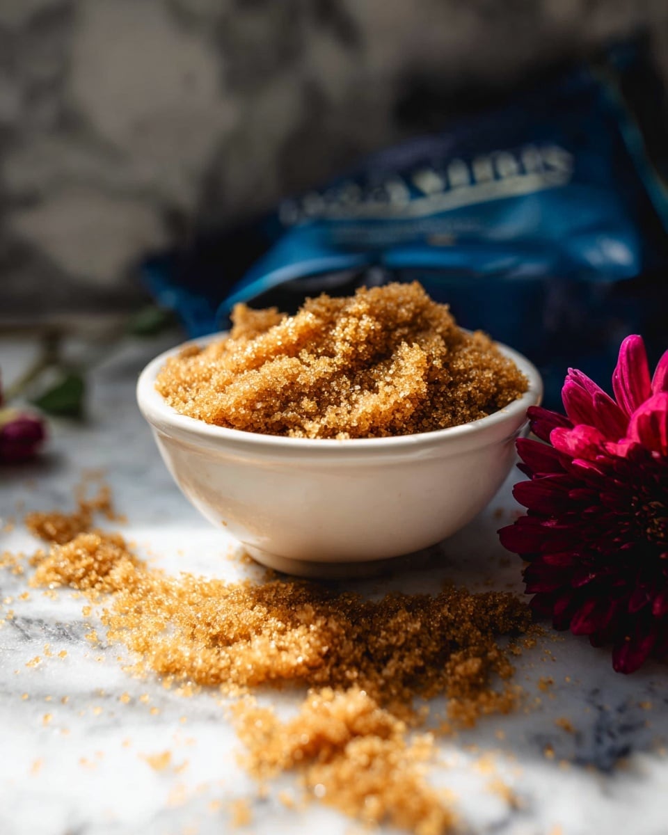 The image shows a white bowl filled with golden brown, crumbly sugar that overflows and spills onto a white marbled surface beneath it. The sugar inside the bowl looks coarse and shiny with a rough texture. Behind the bowl, there is a blurred dark blue package, and to the right side, a deep pink flower is placed on the white marbled surface beside the bowl. The lighting creates bright highlights and deep shadows, emphasizing the sugar's texture and the flower's petals. Photo taken with an iphone --ar 4:5 --v 7
