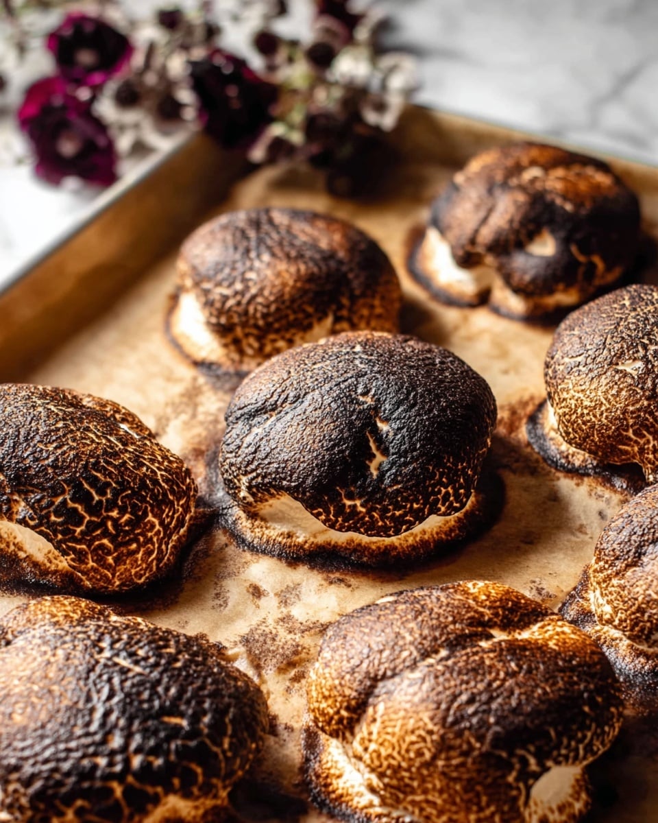 The image shows a baking sheet lined with parchment paper holding several toasted marshmallows that are burnt dark brown to black on top. Each marshmallow is puffed up with a rough, cracked texture on the surface, and some edges are melted and browned, creating an uneven, bubbly look. The background is a white marbled surface with some blurred dark purple flowers in the upper left corner. The light highlights the glossy and rough textures of the marshmallows closely. Photo taken with an iphone --ar 4:5 --v 7