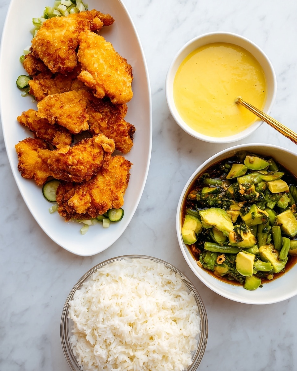 The image shows a white oval plate with several golden brown, crispy fried pieces stacked on top of each other on the upper left side. Below it is a clear bowl filled with fluffy, white rice. To the right, there are two white bowls; the top one contains a smooth, creamy yellow sauce, and the bottom one holds a mix of green avocado chunks, sliced cucumber, and green beans in a dark sauce, with a gold spoon resting inside. All dishes are placed on a white marbled surface. photo taken with an iphone --ar 4:5 --v 7