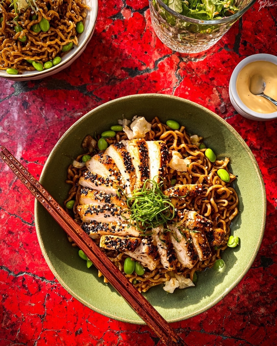 A green bowl filled with a base layer of brown wavy noodles mixed with green edamame beans, topped with several slices of golden-brown grilled chicken arranged in a fan shape. The chicken has a crispy texture with black sesame seeds sprinkled on top and a small pile of green onion strips centered on the chicken. On the side of the noodles, a light-colored pickled garnish adds contrast. Two pairs of wooden chopsticks rest across the bowl's edge. Nearby, there is a small white dish with a creamy sauce and another white bowl with more noodles and edamame. A clear glass with a green salad is placed above the bowls, all set on a red peely textured surface replaced with white marbled texture. Photo taken with an iphone --ar 4:5 --v 7