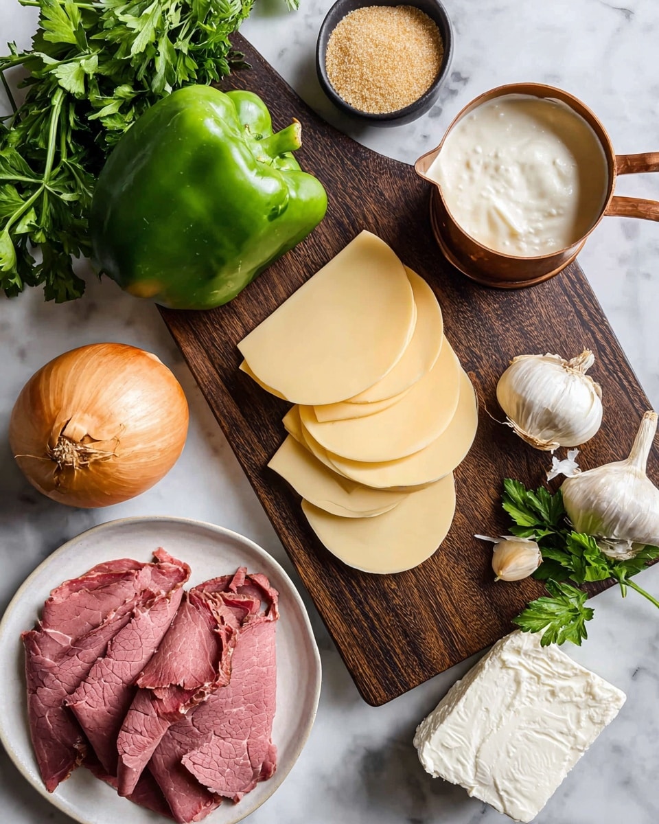The image shows ingredients arranged for a meal on a white marbled surface. In the center right, several thin, round slices of light yellow cheese are stacked on a dark wooden board, with a few garlic cloves nearby. Above the cheese, a copper measuring cup filled with white creamy sauce sits on the board. To the left of the board is a fresh green bell pepper next to a whole yellow onion. On the bottom left, a white plate holds several thin slices of pink roast beef with darker edges. Near the plate, there is a block of white cream cheese partially unwrapped. At the top left, a small black bowl contains light brown sugar, and fresh parsley leaves rest above the wooden board. Photo taken with an iphone --ar 4:5 --v 7