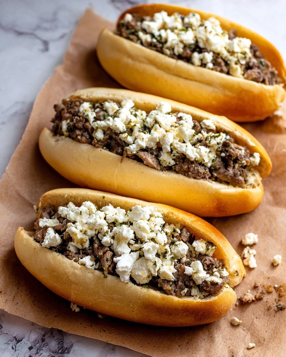 Three sandwiches lie on a sheet of brown paper over a white marbled surface. Each sandwich has a thick, soft yellow bun sliced open in the middle to hold the filling. The filling has two layers: first, a layer of chopped brown meat mixed with small bits of green herbs, and on top, a generous layer of crumbly white cheese scattered unevenly. The texture of the cheese contrasts with the tender meat beneath, and some cheese crumbs fall around the sandwiches on the paper. The buns look soft but sturdy enough to hold the filling without breaking. photo taken with an iphone --ar 4:5 --v 7