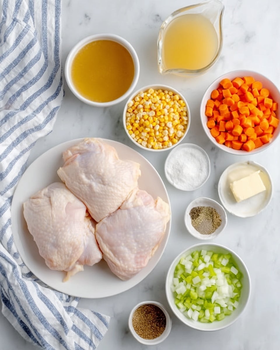 The image shows a white plate with two raw chicken pieces placed on it, positioned in the center. Surrounding the plate are small white bowls filled with various ingredients including chopped orange carrots, diced light green celery, minced white onions, yellow corn kernels, a small bowl of butter, a clear bowl with yellow broth, and three small bowls containing white, brown, and black spices. There is a white bowl with cream near the top, and a white cloth with blue stripes is seen on the left side over a white marbled surface. Photo taken with an iphone --ar 4:5 --v 7
