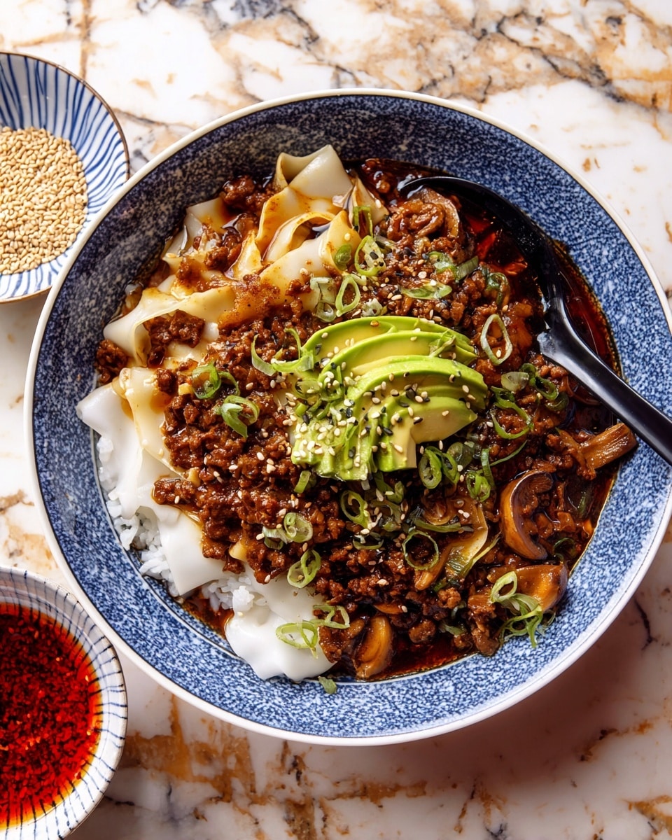 A white bowl with blue patterns holds a layered dish: at the base, white rice is placed in two sections on opposite sides. Overlapping the rice is a generous portion of wide, flat noodles mixed with cooked ground meat and slices of mushrooms in a rich dark brown sauce. On top, there are thin green onion strips and sliced avocado sprinkled with sesame seeds. A black spoon rests inside the bowl. Near the bowl is a small white bowl with sesame seeds and a striped bowl with a red chili sauce, all set on a white marbled surface. photo taken with an iphone --ar 4:5 --v 7
