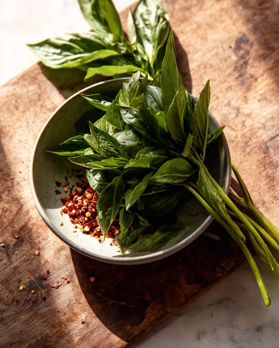 A round white bowl filled with dark green fresh basil leaves that have smooth, slightly shiny surfaces and visible veins. The leaves sit on top of a layer of red chili flakes, scattered unevenly in the bowl. Long pale green basil stems extend out from the bowl and lie on a white marbled surface which has a smooth texture with subtle gray veins. The light creates soft shadows behind the bowl and leaves, showing their shape and texture. Photo taken with an iphone --ar 4:5 --v 7