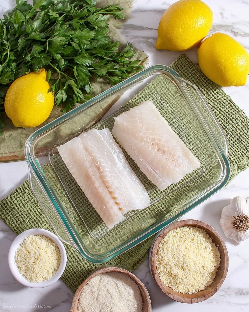 The image shows two thick white fish fillets placed side by side in a clear glass baking dish. The dish sits on a green cloth with a rough texture, all positioned on a white marbled surface. Around the dish, there are two whole bright yellow lemons, a bunch of fresh green parsley, two small white bowls filled with grated cheese and breadcrumbs, and a bulb of garlic. The scene is well lit with natural light, showing fresh ingredients ready for cooking. Photo taken with an iphone --ar 4:5 --v 7