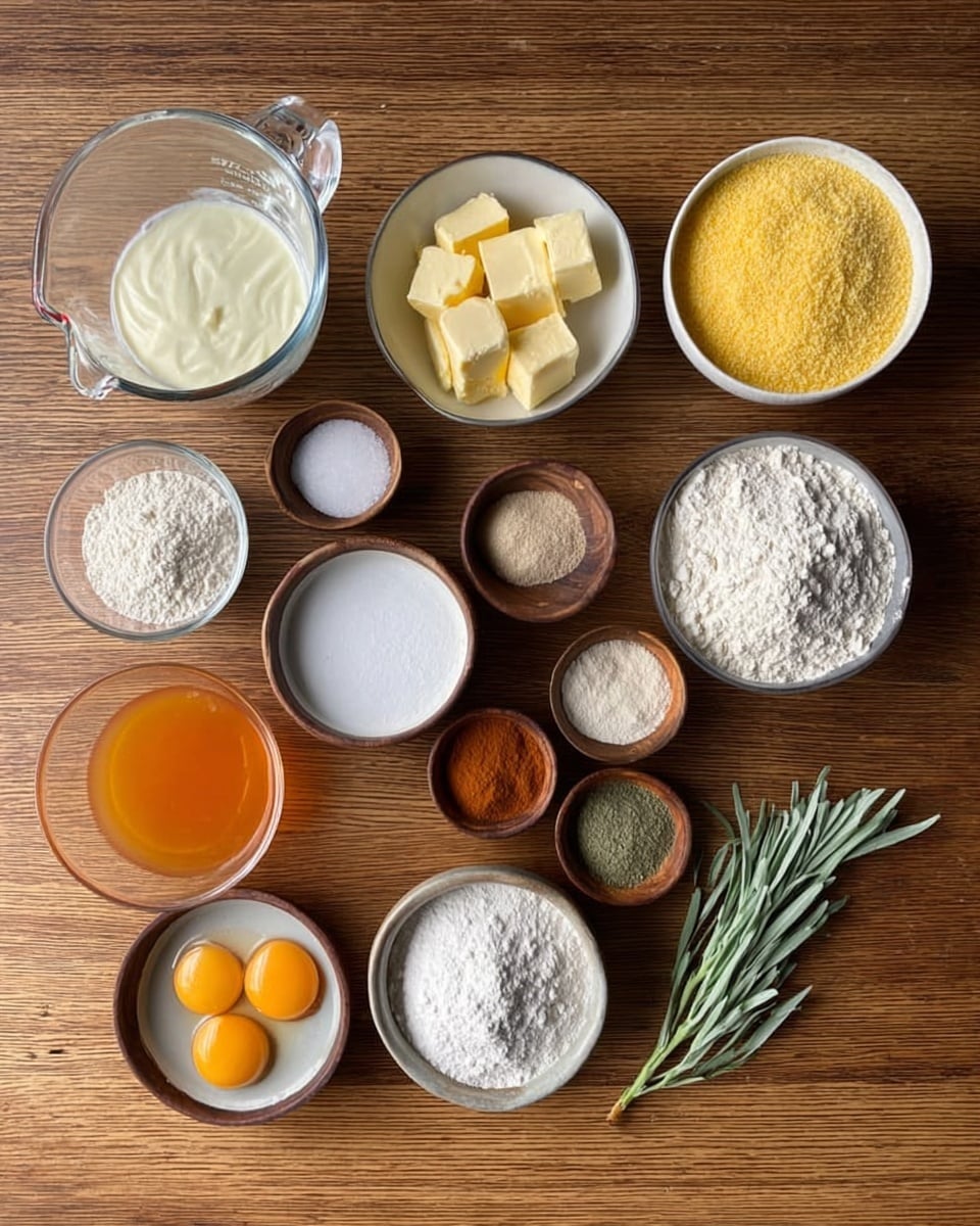 The image shows a smooth wooden table with several small bowls and a measuring cup arranged neatly on it, each holding different ingredients. From left to right: a clear glass measuring cup filled with light cream, a small white bowl with three yellowish butter cubes, a clear glass bowl filled with yellow cornmeal, a small bowl with thick orange liquid, a clear glass bowl full of white powdery flour, a white bowl containing three cracked eggs with bright yellow yolks and translucent whites, a white bowl with a clear liquid, a small white bowl with white powder, and five small wooden bowls holding various powders and a few green and grayish fresh herb stems in a white bowl. The bowls are positioned in two slightly curved rows on the table, all ingredients clearly visible. photo taken with an iphone --ar 4:5 --v 7