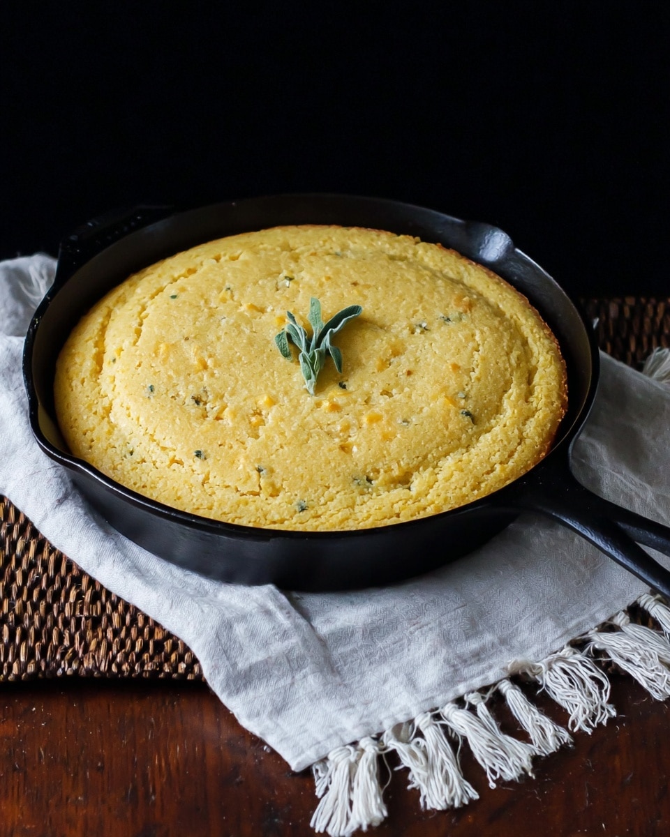 A round, golden-yellow cornbread with a slightly rough, cracked top sits thickly in a black cast iron skillet with a handle extending to the right. The surface of the cornbread has small uneven textures and a sprig of green herb placed in the center as decoration. The skillet rests on a white cloth with fringe edges, which lies on a dark brown woven mat over a wooden surface. The background is solid black, making the cornbread and skillet stand out clearly. Photo taken with an iphone --ar 4:5 --v 7
