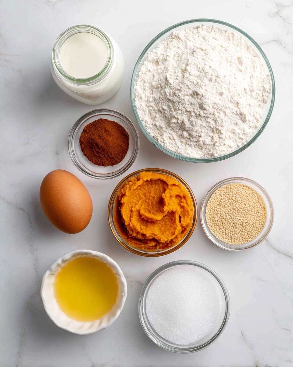 A top view of eight ingredients arranged neatly on a white marbled surface. At the top right is a large clear bowl filled to the brim with white flour. To the top left is a clear glass jar containing white milk. Below the jar is a small clear bowl filled with brown cinnamon powder. Beneath it is a single brown egg. At the center is a clear bowl filled with bright orange pumpkin puree. To the right of the pumpkin puree is a small clear bowl filled with tiny beige yeast granules. Below the pumpkin puree is a small clear bowl with white salt crystals. To the bottom right is a shallow white bowl filled with white sugar. Finally, to the bottom left is a small white bowl containing yellow melted butter. The arrangement is clean and simple, with good light showing the texture of each ingredient. Photo taken with an iphone --ar 4:5 --v 7