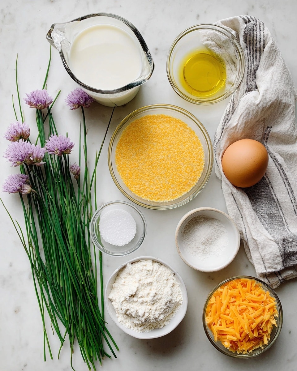 The image shows various cooking ingredients arranged neatly on a white marbled surface. There is a clear glass measuring cup filled with white milk on the upper left, next to a smaller clear glass bowl with a yellow liquid, likely oil. Below them, a round clear bowl holds yellow cornmeal, positioned centrally. To the right, a striped cloth with a brown egg rests on the surface. A small bowl of white flour sits to the right of the cornmeal, and a small white bowl contains a mix of salt with some white powder. Another small white bowl holds granulated white sugar below the salt bowl. In the bottom right corner, a white bowl is filled with shredded orange cheddar cheese. On the left side of the frame, a bunch of fresh green chives with purple flowers lie diagonally across the surface. Photo taken with an iphone --ar 4:5 --v 7
