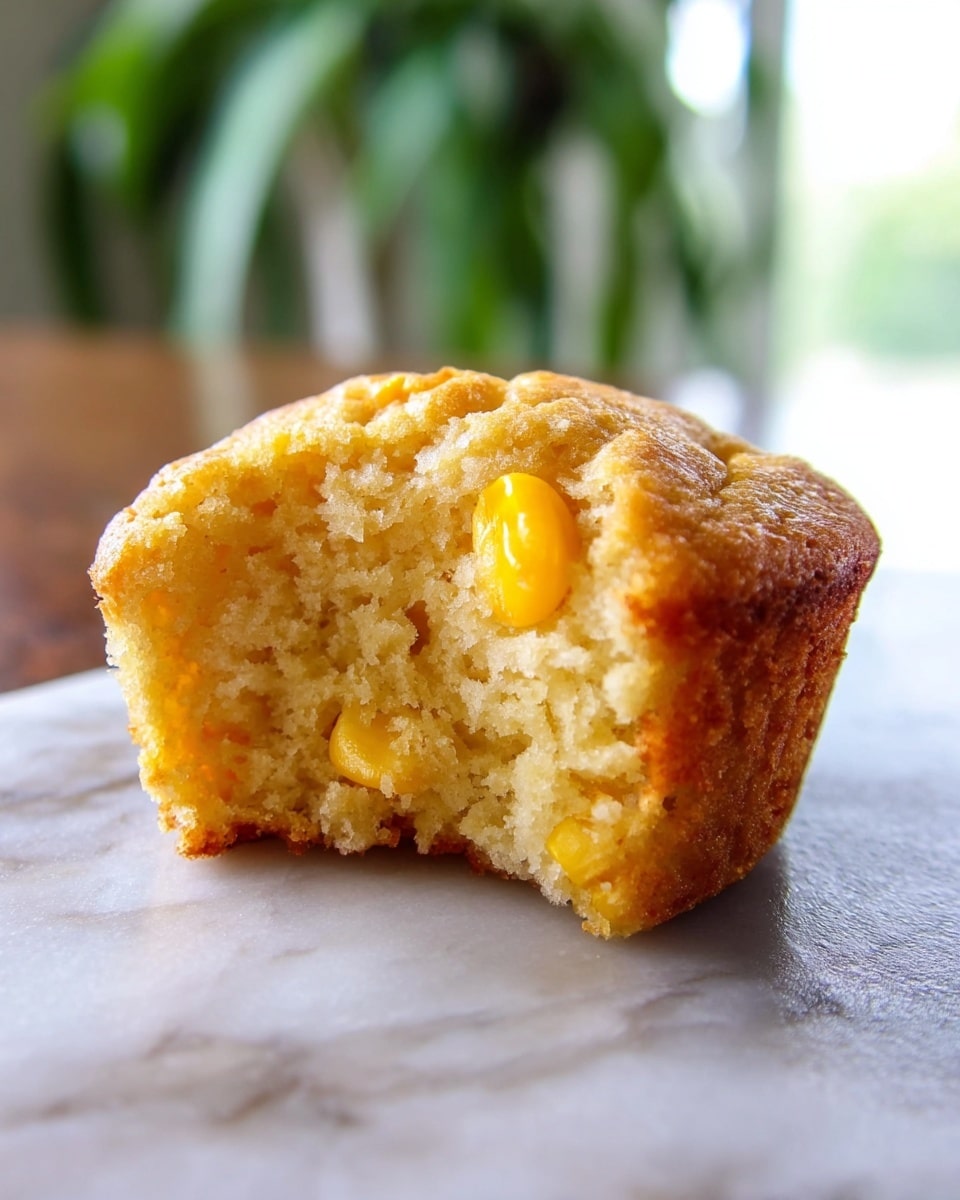 A close-up image of a single corn muffin resting directly on a white marbled textured surface. The muffin has one visible layer showing a golden brown crust on the outside, with a soft, light yellow inside crumb that has several bright yellow corn kernels embedded throughout. The muffin has a small bite taken from one side, revealing the moist, fluffy texture inside. The background is softly blurred with hints of green plants and a bright window, adding a natural light effect on the muffin. Photo taken with an iphone --ar 4:5 --v 7