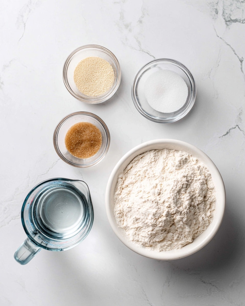 A top-down view showing five ingredients arranged on a white marbled texture. On the right is a white bowl filled with off-white flour that has a slightly lumpy texture. Above it are three small glass bowls, the top one contains fine beige yeast granules, the middle one has white salt crystals, and the bottom one holds light brown sugar with a rough texture. On the lower left is a clear glass measuring cup filled with water, showing a smooth surface and light reflections. photo taken with an iphone --ar 4:5 --v 7