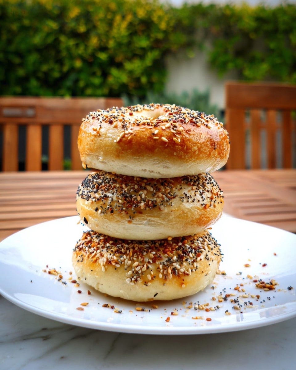 The image shows a stack of three round bagels on a white plate with a white marbled surface underneath. Each bagel is golden brown on top and covered with a mix of seeds such as sesame, poppy, and caraway seeds. The bagels have a soft, slightly puffy texture with visible light browning on the edges. The background shows an outdoor setting with wooden chairs and green bushes blurred behind the bagels. The bagels are centered, with some scattered seeds on the plate. photo taken with an iphone --ar 4:5 --v 7