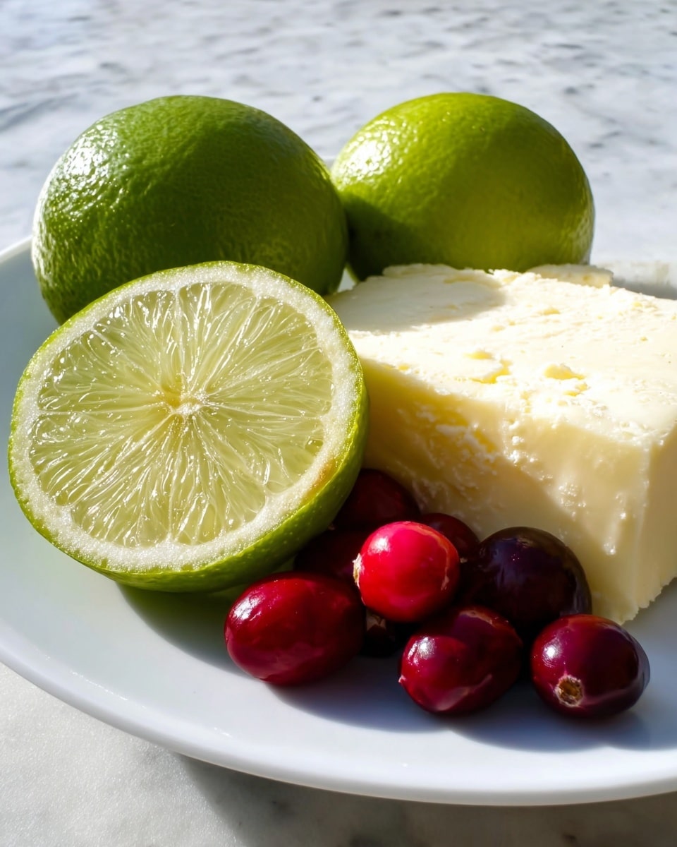 On a white plate sitting on a white marbled surface, there are three limes and a block of pale yellow cheese. One lime is cut in half, showing the shiny, light green inside with visible segments. The other two limes are whole and bright green with a slightly bumpy texture. In front of the limes and cheese, there are several small, shiny red cranberries with smooth skins. The block of cheese is rectangular, with a crumbly texture on the top and smooth sides. Photo taken with an iphone --ar 4:5 --v 7