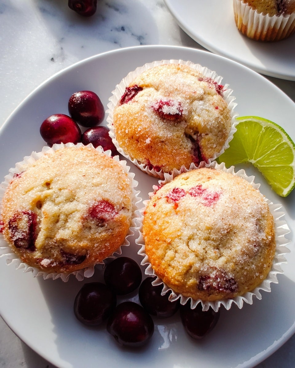 Three muffins are shown on a white plate, each with a light golden brown top and a sugar coating, with bits of red fruit mixed inside the muffins. The muffins are in white paper liners. Around the muffins, there are several dark red cherries scattered, and a half lime wedge sits near the top right muffin. The plate rests on a white marbled surface in bright light. photo taken with an iphone --ar 4:5 --v 7