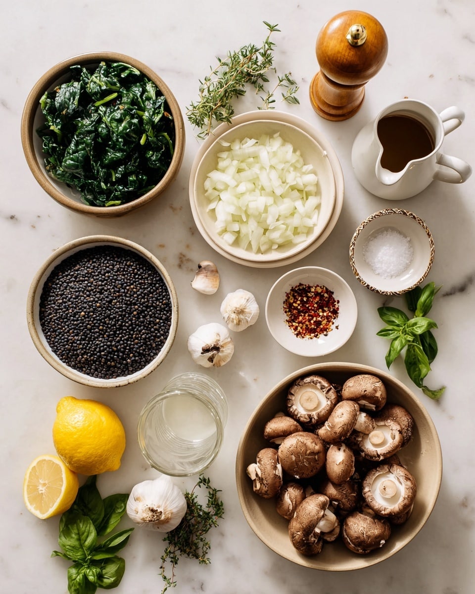 The image shows several small bowls and items neatly arranged on a white marbled surface. There is a beige bowl filled with dark green leafy vegetables on the top left, a white bowl with small chopped white onions right next to it, and a white pitcher with brown liquid near the right side. Below the onions is a clear glass with white liquid. To the right bottom corner, a large beige bowl holds many cut brown mushrooms with white flesh. Small bowls contain coarse white salt and red pepper flakes. A larger bowl holds black lentils near the center. Fresh whole garlic is placed near the pitcher. A yellow lemon and two lemon wedges are at the bottom left with fresh green thyme and basil leaves scattered nearby. A white bottle with a gold spout and a wooden pepper grinder complete the layout. Photo taken with an iphone --ar 4:5 --v 7
