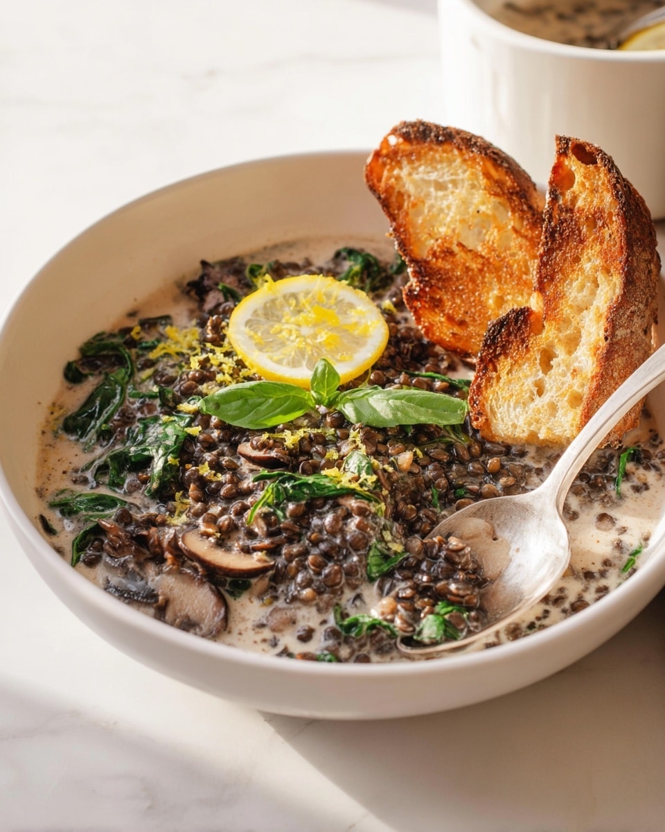 A white bowl holds a creamy lentil dish with visible layers of black lentils, dark green cooked spinach, and brown mushroom pieces mixed in a light cream sauce. On top, there is a small bright yellow lemon wedge placed near the edge and fresh green basil leaves with tiny lemon zest sprinkled over them. Two toasted pieces of golden-brown crusty bread rest on the side of the bowl. A spoon with some of the lentil mix inside sits halfway in the bowl on the right side. The bowl is set on a white marbled surface with soft natural light shining on it. Photo taken with an iphone --ar 4:5 --v 7