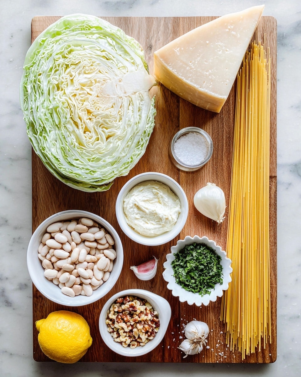 The image shows a top view of a wooden chopping board placed on a white marbled surface with various fresh ingredients neatly arranged. At the top center, there is a large half of green cabbage with light green and white layers and a grainy texture. To the top right, there is a large, beige wedge of hard cheese. On the right side, a bundle of uncooked yellow spaghetti lies vertically. Below the cheese and spaghetti, there is a small white bowl filled with light beige cream cheese, and to the left of it, a small white bowl containing chopped nuts with brown and beige pieces. Towards the bottom left, a bowl holds many light pinkish white beans, and above it, a white scalloped bowl contains chopped green herbs. Near the center left, a whole bright yellow lemon, a small round white dish with salt, a shallot with a light tan skin, and a partially peeled garlic bulb with white cloves are placed in a loose line. The photo taken with an iphone --ar 4:5 --v 7