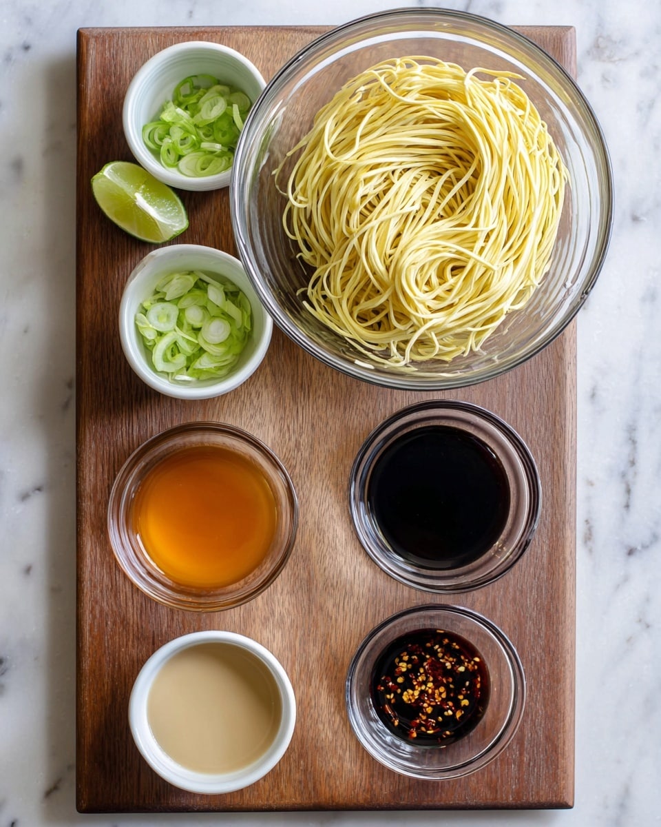 The image shows a white marbled surface with a wooden cutting board placed on it, holding six small white bowls arranged neatly. At the top center, one large clear glass bowl contains a bundle of uncooked yellow noodles, long and thin, loosely piled. Below the noodles, from left to right, are six smaller bowls: the top left bowl has green sliced scallions and a wedge of light green lime; the middle small bowl next to it is filled with a clear, light green liquid; the top right bowl contains an orange-colored thick sauce; the bottom left bowl holds a light brown creamy sauce; the bottom middle bowl is filled with dark soy sauce; and the bottom right bowl contains a small amount of dark chili paste with visible seeds and oil. All bowls are clear glass or metal and placed symmetrically, with a clean, simple look. photo taken with an iphone --ar 4:5 --v 7