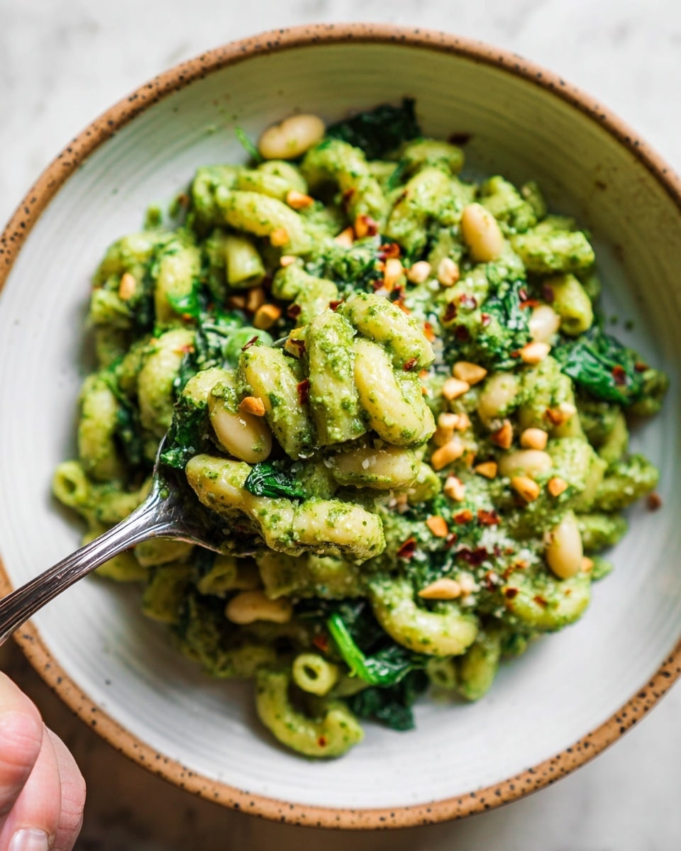 The dish shows a bowl filled with elbow macaroni pasta coated in a thick, green pesto sauce giving it a vibrant green texture. Mixed within the pasta, there are bright green leafy spinach pieces evenly spread throughout. Small white beans are scattered inside, adding contrast to the green colors. Sprinkles of crushed red pepper flakes and pine nuts are visible on top, adding some red and pale yellow colors and a textured look. The bowl is white with a subtle speckled brown edge, set on a white marbled surface. A silver spoon lifts a portion of the pasta, highlighting the mix of layers and colors up close, held by a woman's hand. photo taken with an iphone --ar 4:5 --v 7