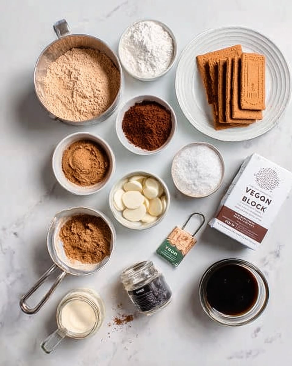 The image shows several small white bowls and a glass measuring cup arranged on a white marbled surface. The bowls contain different ingredients: one with light brown powder, one with white flour, one with cocoa powder, one with brown spread, one with white round slices, one with a pinch of salt, and one with a dark brown liquid. There is also a jar of cream and a pack labeled