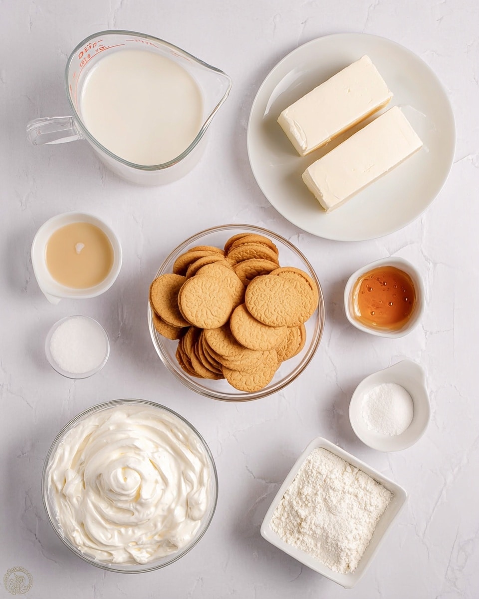The image shows ingredients neatly arranged on a white marbled surface. At the center, there is a clear glass bowl filled with many golden sandwich cookies stacked together. To the top right, a white plate holds two large blocks of cream cheese with a smooth texture and clean edges. Above the cookies, there is a small white bowl with a light beige liquid that looks like beaten eggs or a similar ingredient. To the left of the cookies, a clear glass measuring cup contains white milk, showing a smooth liquid texture. Below and to the left, a white bowl is filled with thick, creamy white whipped topping, swirled softly on top. At the bottom right, two small white bowls hold white powdered ingredients, likely flour and powdered sugar, with fine, soft textures. To the right near the cookies, a small square white bowl contains a golden amber syrup with a glossy surface. photo taken with an iphone --ar 4:5 --v 7