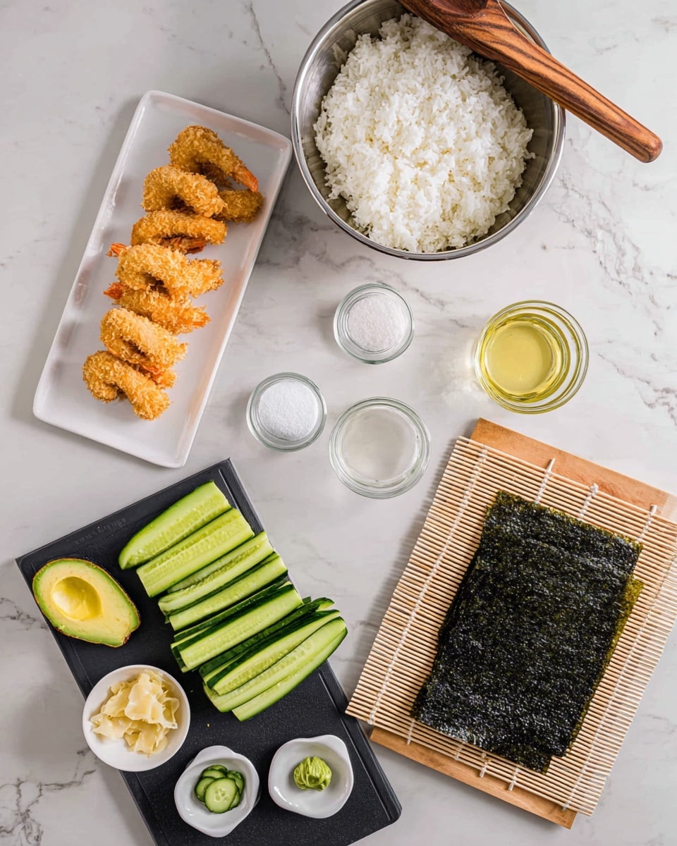 The image shows cooking ingredients arranged on a white marbled surface for making sushi. There is a metal bowl at the top filled with sticky white rice, with a wooden spatula. To its left, a white rectangular plate holds seven pieces of golden fried shrimp tempura lined in two rows. In the center, two small clear glass containers hold white sugar and light yellow vinegar. To the right, a black cutting board holds green avocado slices, cucumber sticks, and cucumber rounds. Below these, a stack of dark green seaweed sheets rests on a bamboo sushi rolling mat. Small white bowls at the bottom contain pale yellow pickled ginger and a green dollop of wasabi. The scene is bright and clean, laid out neatly for sushi preparation. photo taken with an iphone --ar 4:5 --v 7