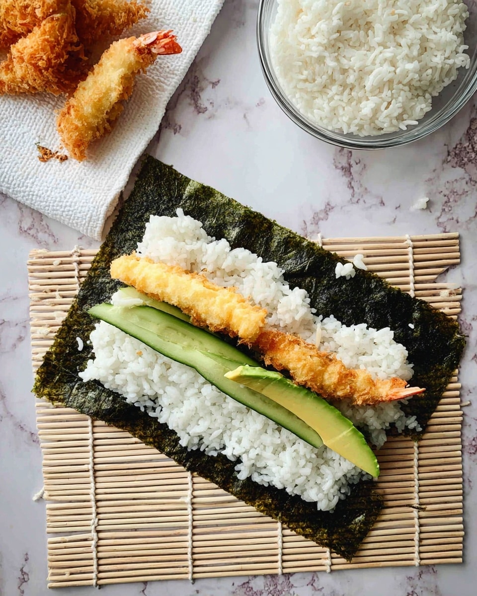 The image shows a sushi roll in progress on a bamboo mat. The base is a dark green seaweed sheet, topped with a layer of white sushi rice spread evenly. On top of the rice, there are green slices of avocado and cucumber placed side by side, with two pieces of golden-brown fried shrimp tempura laid over them horizontally. To the left, a white paper towel holds two more pieces of fried shrimp tempura. At the top right, a clear glass bowl contains extra white sushi rice. The scene is set on a white marbled surface. photo taken with an iphone --ar 4:5 --v 7