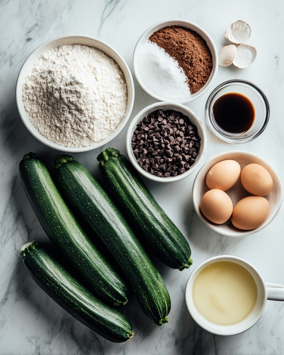 The image shows several ingredients placed neatly on a white marbled surface. There is a white bowl filled with flour on the left, next to a white bowl with a mix of brown and white powders, and another white bowl full of white sugar below them. Four whole zucchinis lie horizontally across the center. On the right side, there is a small white bowl filled with dark chocolate chips, and above it a small white bowl with a dark brown liquid. Next to these bowls is a transparent bowl containing three raw eggs. In the bottom right corner, there is a white cup filled with a pale yellow liquid. photo taken with an iphone --ar 4:5 --v 7