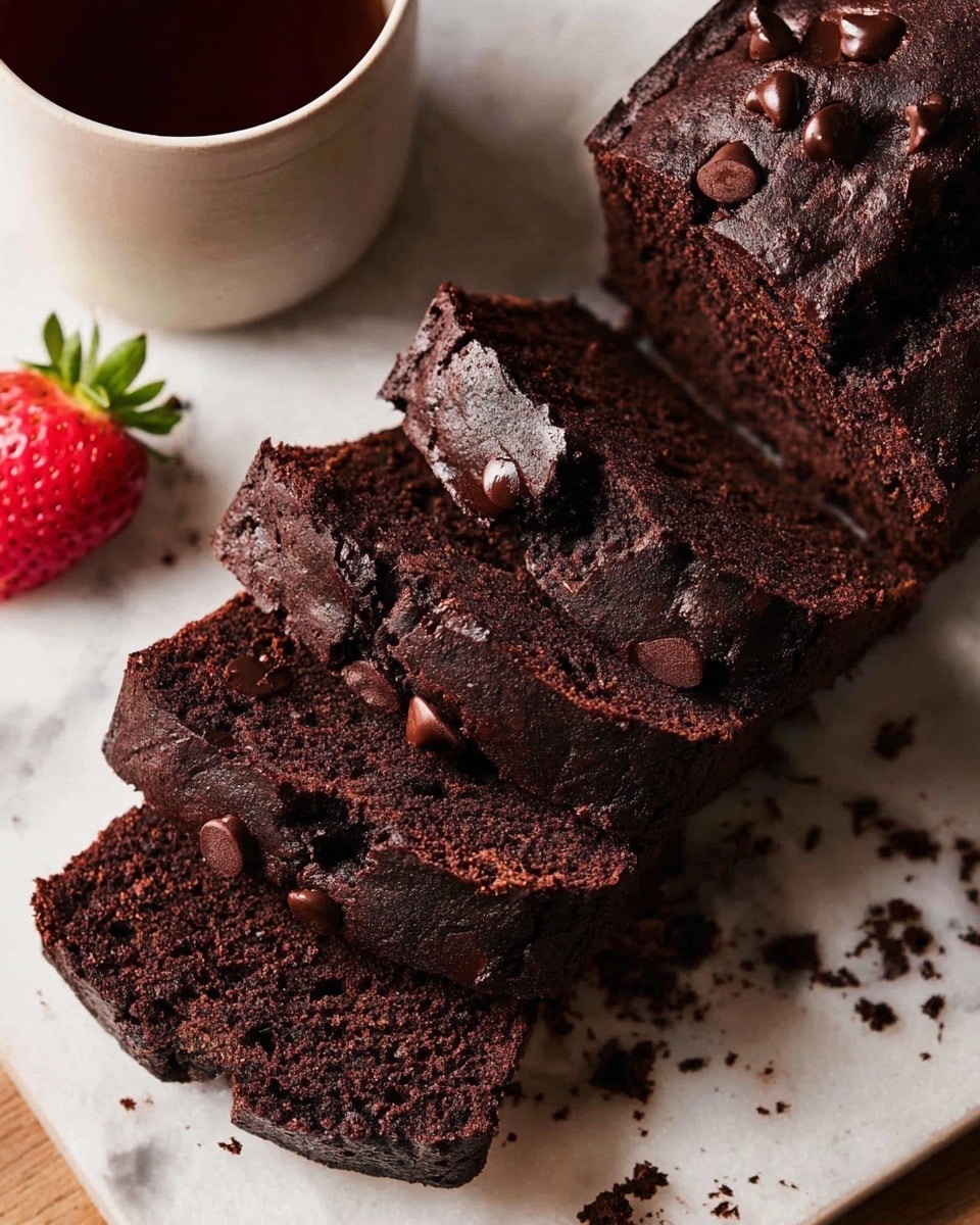 A dark chocolate loaf is sliced into five thick pieces, each showing a rich, moist texture with visible chocolate chips scattered inside and on top, creating a slightly glossy effect. The slices lean against each other on a white marbled surface, with crumbs scattered around them. A whole strawberry with a green top sits to the left, and a white cup with a dark red interior is partially visible behind the loaf. Photo taken with an iphone --ar 4:5 --v 7