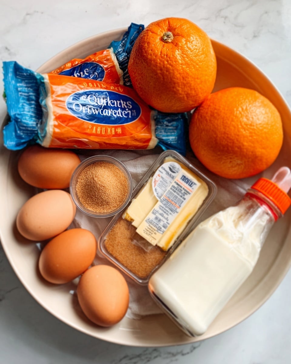 The image shows a white bowl on a white marbled surface, filled with ingredients for baking. Inside the bowl are three orange rolls wrapped in blue and orange packaging, one whole bright orange fruit, a rectangular block of butter with a paper wrapper, a small mound of brown sugar, four brown eggs arranged at the bottom left, and one bottle of rich white whipping cream with an orange cap on the right side. A woman's hand is seen holding the bowl from the side. The scene is bright and neatly arranged, with the colors of orange, brown, white, and blue standing out clearly. photo taken with an iphone --ar 4:5 --v 7