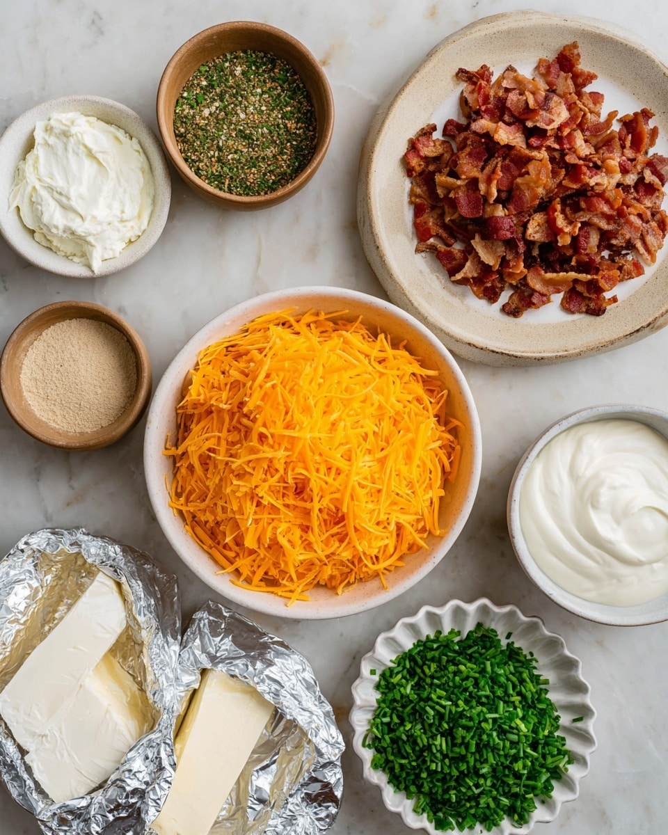 The image shows seven bowls and plates of ingredients on a white marbled surface. In the center is a large white bowl full of shredded bright orange cheddar cheese. To the right is a white plate piled with crispy, chopped brown and reddish bacon pieces. Above the cheese is a beige bowl with a light brown and green herb seasoning mix. To the left of the seasoning bowl is a smaller brown bowl filled with smooth white sour cream. Below the sour cream is a tiny bowl with a light tan powder. At the bottom left and right corners are open foil packages of soft white cream cheese, with some cheese smeared near one edge. At the bottom center is a small scalloped white bowl filled with bright green chopped chives. photo taken with an iphone --ar 4:5 --v 7