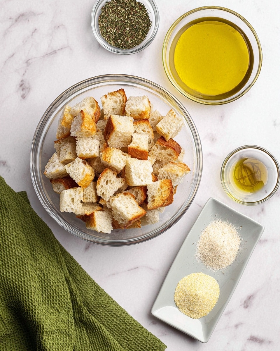 A clear glass bowl filled with small cubes of bread, showing a mix of light beige and golden brown toasted sides, sitting on a white marbled surface. Nearby, there is a small clear glass bowl filled with yellow olive oil. Next to it, a small glass bowl contains green dried herbs. A light gray rectangular plate holds three different small piles of powdered spices in white, light yellow, and pale beige colors. A green waffle-textured cloth is placed on the bottom left corner of the white marbled surface. Photo taken with an iphone --ar 4:5 --v 7