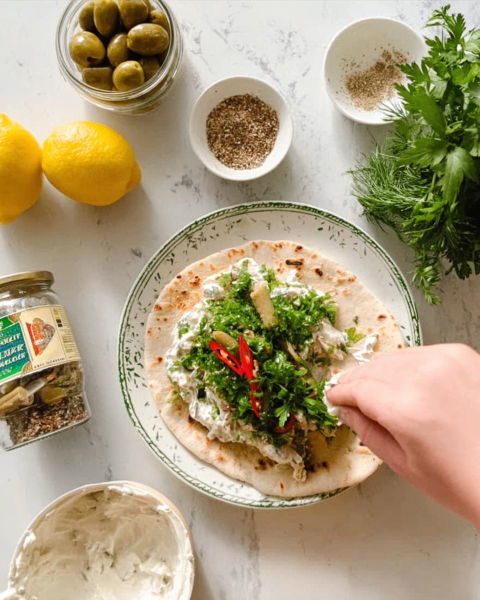 The image shows a woman's hand spreading a creamy white layer on a flat round flatbread that has a pale beige color with some darker toasted spots around the edges. On top of the creamy layer, there is fresh green parsley and some small red slices, possibly peppers, arranged in the center. The flatbread sits on a white plate with a subtle green and beige pattern around the edge. Around the plate, on a white marbled surface, there is an open jar of green olives, a halved lemon showing a bright yellow interior, a small white bowl with some leftover creamy spread, a small glass jar of spices with brown seeds visible, and a white container holding plain cream cheese or yogurt. The scene is brightly lit and focuses on the process of making the flatbread topping photo taken with an iphone --ar 4:5 --v 7