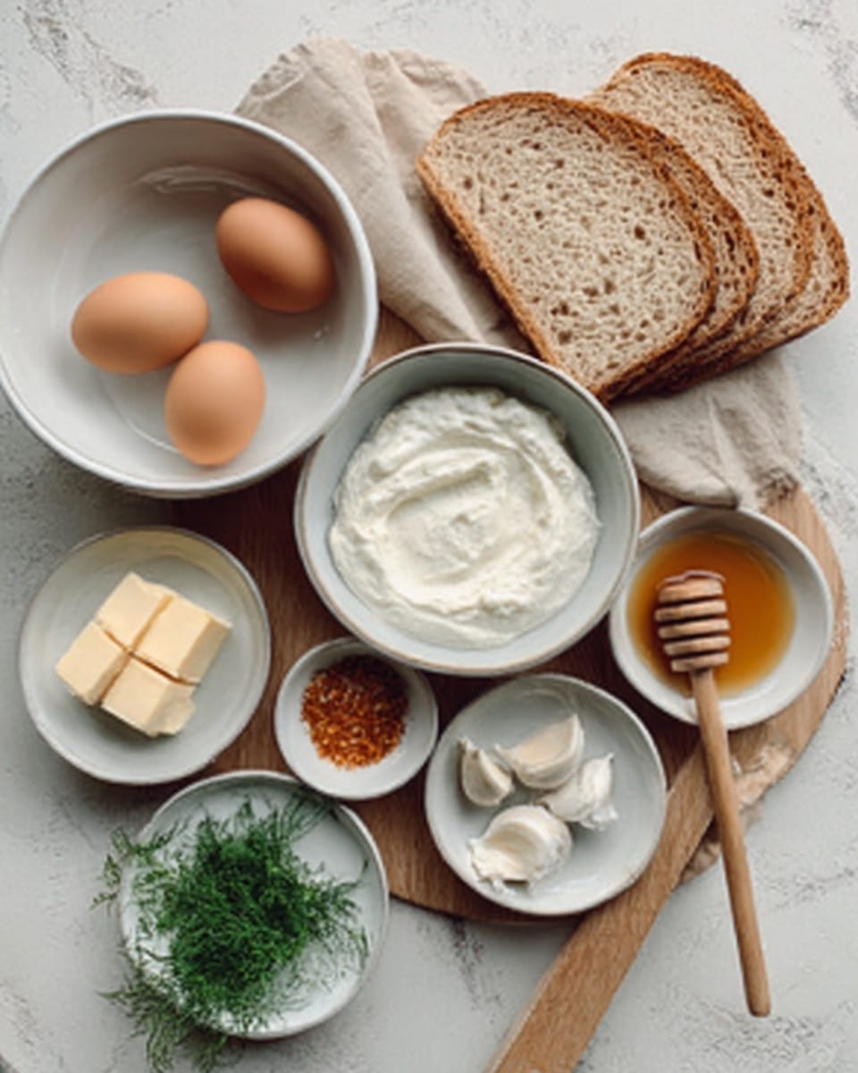 The image shows a wooden table with several white bowls and plates arranged neatly on it. There is a large white bowl filled with a creamy white substance, two brown eggs in a small white bowl, a small white bowl holding two cubes of yellow butter, and another small white bowl containing some fresh green herbs and white garlic cloves. There is also a small white bowl with orange-red seasoning, another small white bowl with coarse salt, and a wooden honey dipper resting on a white bowl with honey. Four slices of light brown bread are placed on the table in a small pile. The background is a white marbled texture. photo taken with an iphone --ar 4:5 --v 7