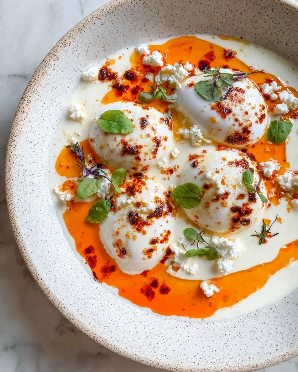 The dish shows a creamy white yogurt base spread evenly on a white plate with speckled texture. Four poached eggs rest on top, their smooth white surfaces slightly shiny and dotted with fine red spice. Bright orange-red chili oil is drizzled in irregular patterns over the yogurt and eggs, creating a vibrant contrast. Small white cheese crumbles are scattered across the top, adding texture. Tiny fresh herb leaves in light and dark green are placed randomly around the dish, adding a touch of freshness. The photo background is a white marbled surface, photo taken with an iphone --ar 4:5 --v 7