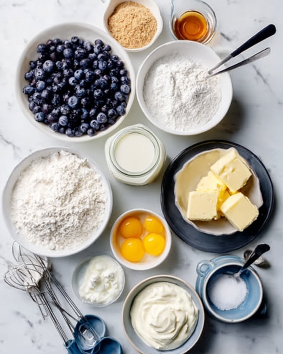 In the image, there are several white bowls arranged on a white marbled surface, each with different baking ingredients. One bowl is filled with fresh dark blueberries, another holds light brown sugar granules, and a third contains white flour. A small glass jar with milk is beside a bowl of whipped white egg whites with a black spoon in it. There are pieces of light yellow butter cubes on a small plate, two beaten yellow eggs in a white bowl, and vanilla essence in a tiny container near a bowl of creamy white yogurt. Nearby, there are some silver and blue measuring spoons resting on a black plate that also holds a few other small dark containers. The scene is bright and clean, showing a preparation setup for baking. Photo taken with an iphone --ar 4:5 --v 7