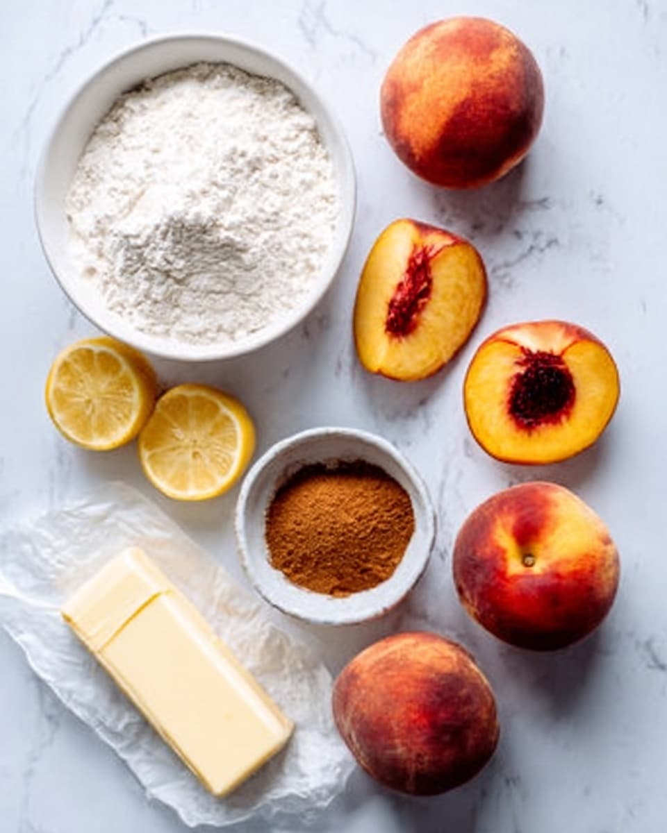 A white bowl filled halfway with white flour sits in the bottom left corner, next to a stick of butter wrapped in paper on a white marbled surface. There are four whole peaches and two peach halves, one showing its dark reddish seed, arranged in a loose line from the bottom center to the top right. A small white bowl with a heap of white sugar topped with some brown sugar is placed near the top left. Two lemon halves face up near the center-left. A white bowl with brown cinnamon powder is beside the lemon halves. The whole scene is lit softly from above, showing natural textures and colors. photo taken with an iphone --ar 4:5 --v 7