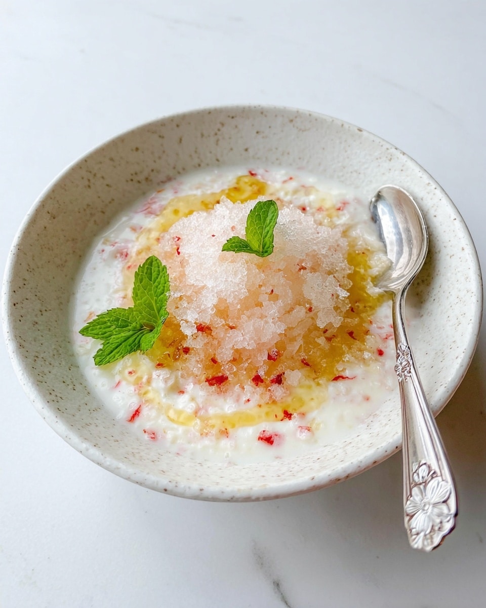 A shallow white speckled bowl holds a creamy white base with small red flecks mixed throughout, topped with a mound of crushed ice that has a light pink tint. Around the ice, a thin drizzle of light golden syrup adds shine and contrast. On top of the ice, there are a few small fresh green herb sprigs and a small cluster of bright green mint leaves that add a pop of color. A silver spoon with an intricate floral design rests inside the bowl against the side. The bowl sits on a white marbled surface. photo taken with an iphone --ar 4:5 --v 7