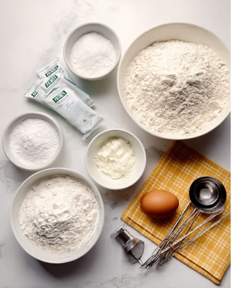 The image shows a top-down view of several white bowls and small white dishes arranged on a white marbled surface. One large white bowl is filled with white flour, another white bowl contains powdered sugar. There are small white dishes holding salt and baking powder packets. To the right side, there is a brown egg placed on a yellow plaid cloth next to metal measuring spoons and a metal measuring cup. The items are neatly arranged and the scene looks clean and organized. photo taken with an iphone --ar 4:5 --v 7