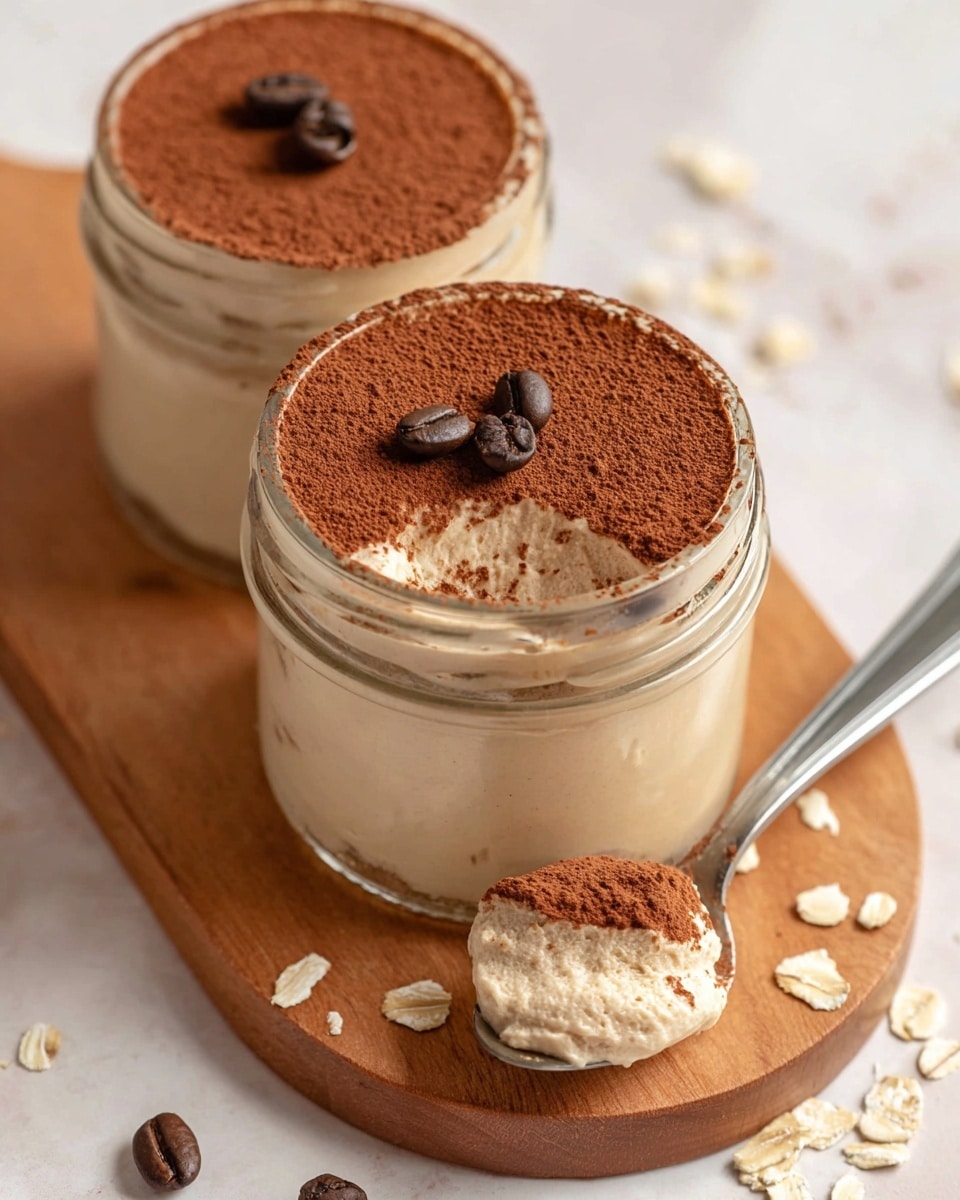 Two clear glass jars hold a creamy dessert with a smooth light beige layer inside, topped with a thick dusting of cocoa powder. On the top jar, three dark brown coffee beans rest on the cocoa powder surface. The front jar has a shiny silver spoon scooping out the dessert, showing the creamy texture underneath the cocoa powder. The jars sit on a wooden board with scattered white oat flakes and coffee beans around, all placed on a white marbled surface. Photo taken with an iphone --ar 4:5 --v 7