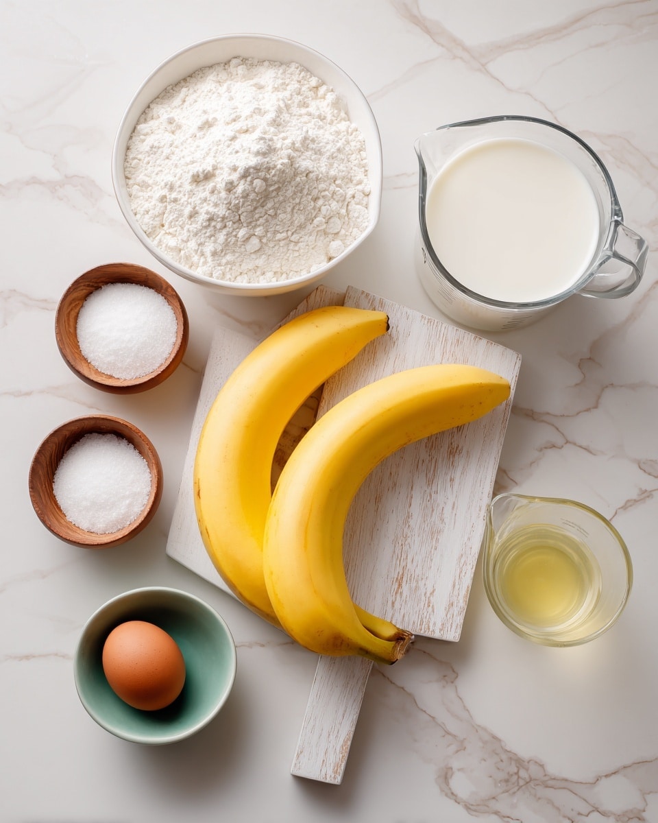 The image shows a white marbled surface with a small white wooden cutting board at the center holding two yellow bananas. Above the board, three small light wooden bowls display white powders and salt in a row. To the left of the board, there is a white bowl filled with white flour. Below the board, a small green bowl contains a single brown egg. To the right of the board, a clear glass measuring cup is filled with white milk, and a small clear pitcher with light oil is placed next to the flour bowl. The arrangement is neat and evenly spaced. Photo taken with an iphone --ar 4:5 --v 7