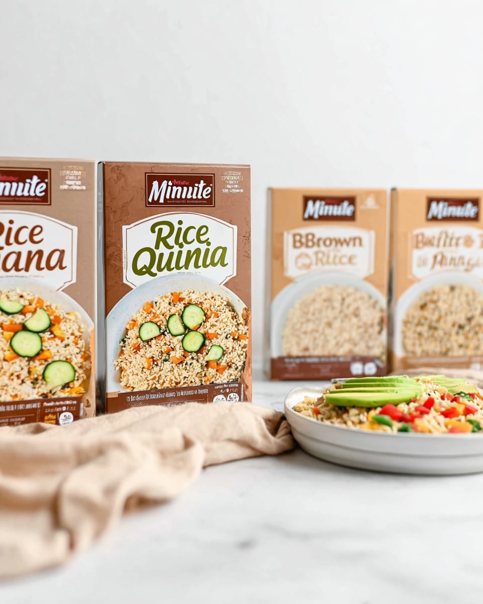 The image shows four boxes of Minute rice products standing in a row on a white marbled surface, with a light beige cloth casually spread in front of them. The first two boxes are labeled